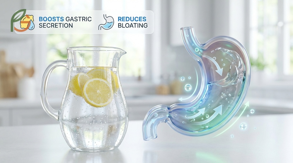 Does lemon water help with bloating by increasing gastric secretion volume by 1.5-fold to process food efficiently.