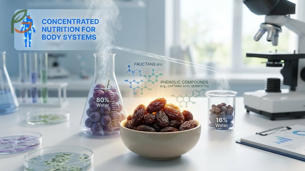 Dry grapes health benefits overview highlighting stable antioxidant compounds and fiber content for wellness.