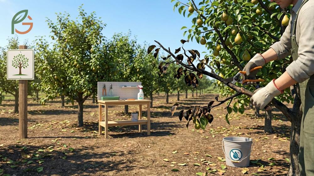 Fire blight pear tree treatment involves pruning infected branches 8-12 inches below damage and sterilizing tools.