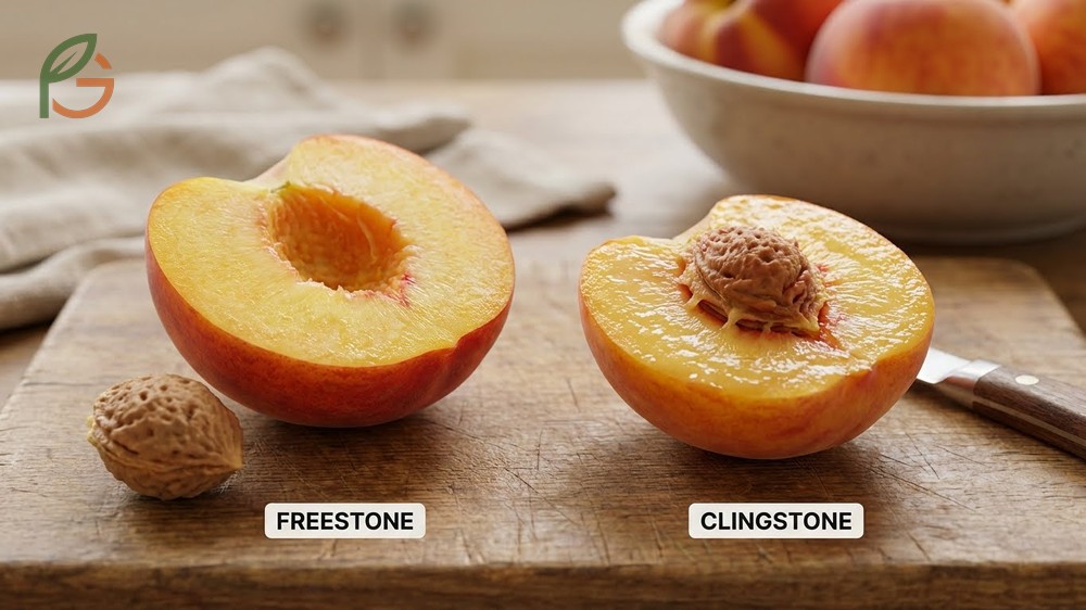 Freestone vs clingstone peaches highlighting flesh texture differences where freestones are firm and clingstones are soft.
