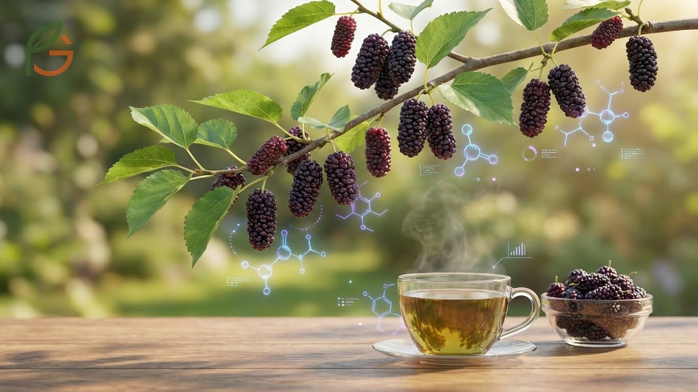 Benefits of mulberry tree showing how anthocyanins like cyanidin 3 glucoside protect cells and reduce cholesterol levels in adults after 6 weeks.