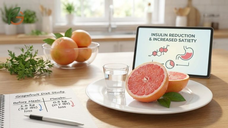 Grapefruit and weight loss studies show eating half a fruit before meals leads to 1.6 kg lost over 12 weeks compared to placebo.