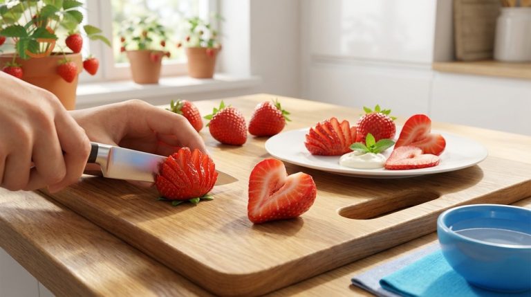 How to cut a strawberry into fans and hearts using simple knife techniques for beautiful presentation.