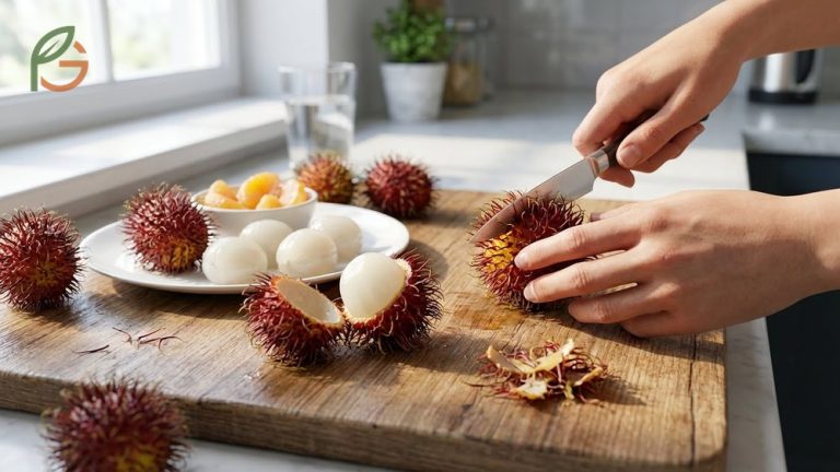 How to eat rambutan safely by cutting the hairy shell and enjoying the 68 calorie translucent flesh.