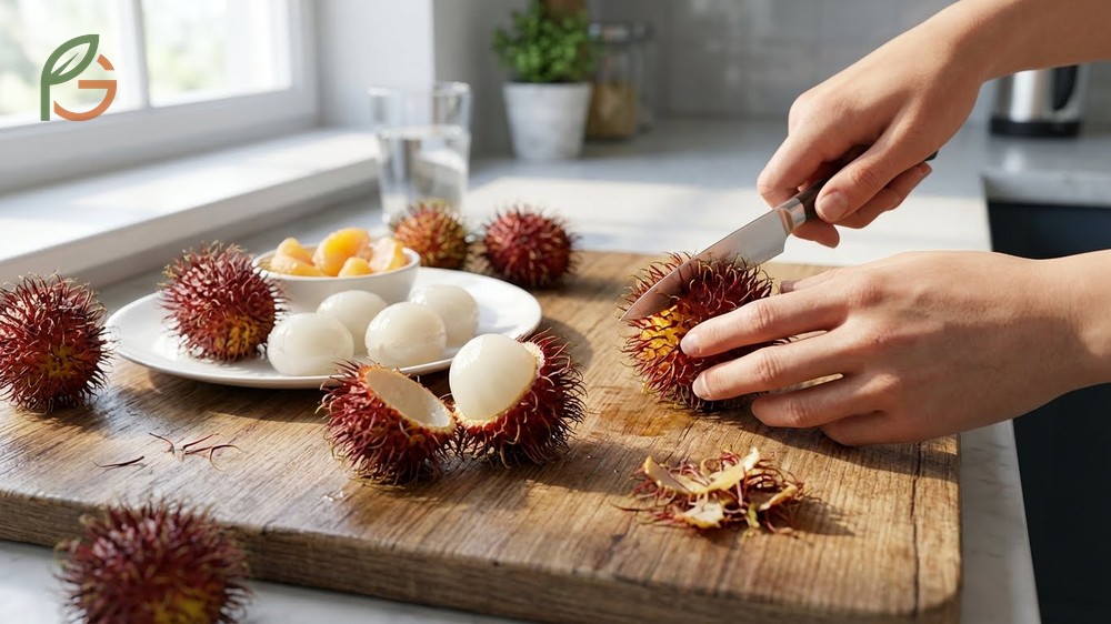 How to eat rambutan safely by cutting the hairy shell and enjoying the 68 calorie translucent flesh.