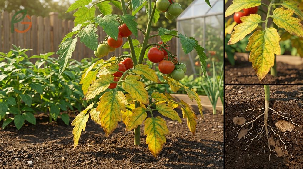 Yellow leaves on tomato plants appear on older growth first when mobile nutrients like nitrogen are lacking.