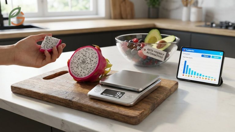 Fresh pink dragon fruit slices arranged next to keto-friendly almonds and chia seeds on a wooden board.