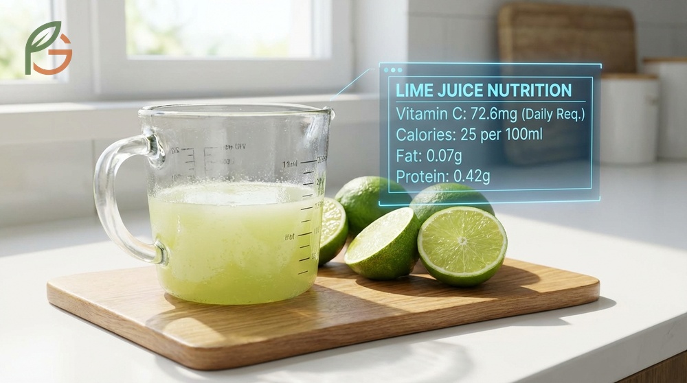Lime juice nutrition facts highlighting 72.6mg vitamin C per cup and minimal fat or protein.