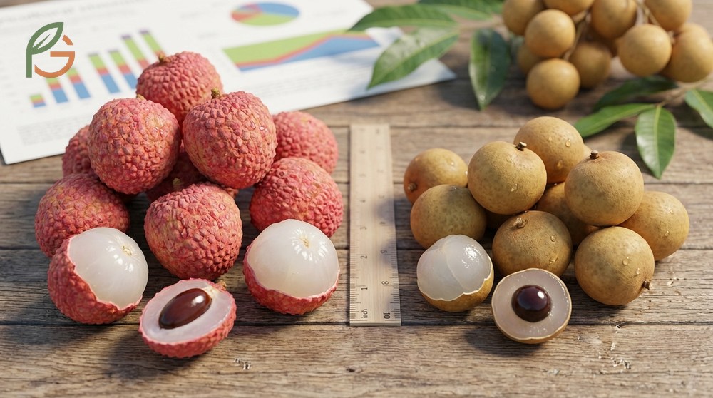 Lychee vs longan physical differences contrasting the rough pink skin of lychee with the smooth tan shell of longan.