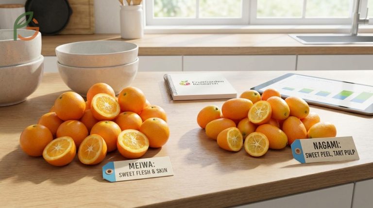 Meiwa vs nagami kumquat comparison highlighting the difference between sweet round fruits and tart oval varieties.