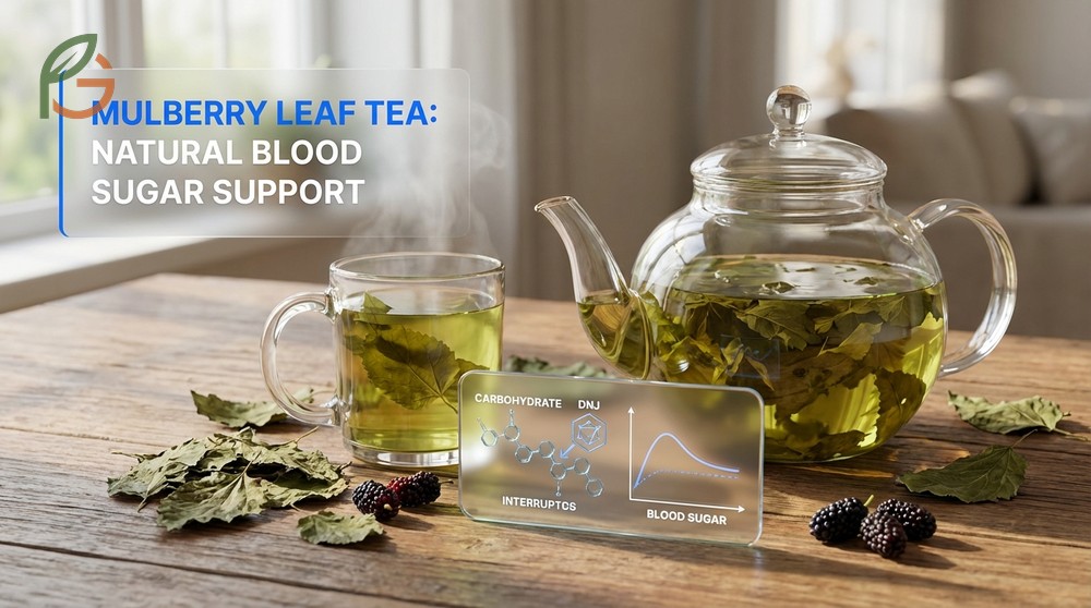 Mulberry leaf tea benefits glucose control by inhibiting carbohydrate-digesting enzymes to prevent dangerous sugar spikes.
