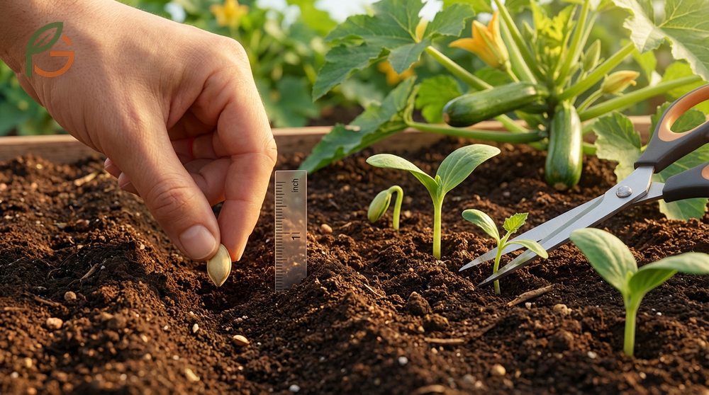 Planting zucchini seeds 1 inch deep in warm soil and thinning to the strongest seedling for vigorous growth.