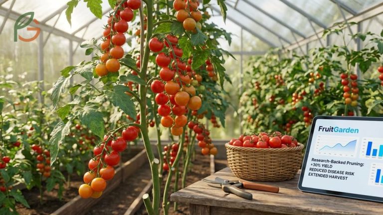 Pruning cherry tomatoes guide showing techniques to improve yields by 20 to 30 percent and reduce disease risk.