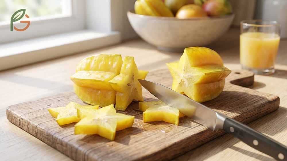 How to eat starfruit by slicing crosswise to enjoy 35 percent daily vitamin C needs in just 28 calories.