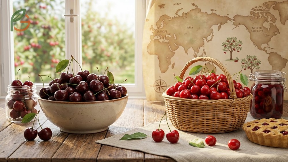 Type of cherry fruit categories comparing sweet Prunus avium and tart Prunus cerasus for fresh eating and processing industries.