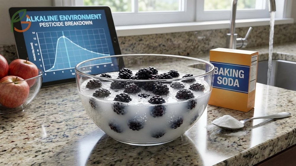 How to wash blackberries with baking soda by soaking for 12 to 15 minutes to break down pesticide molecules.