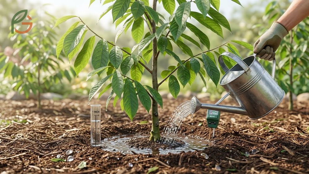 Watering paw paw trees with a soaker hose to provide deep consistent moisture for the taproot.