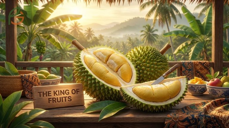 What is durian fruit displayed as a large tropical fruit with a spiky green shell and creamy yellow flesh inside.