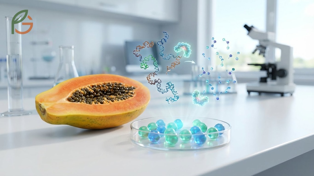 Illustration of papain enzyme activity breaking down complex proteins into amino acids within the digestive tract.