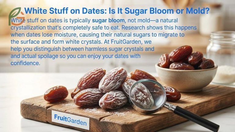 White stuff on dates identified as sugar bloom formed by natural crystallization on the fruit surface.