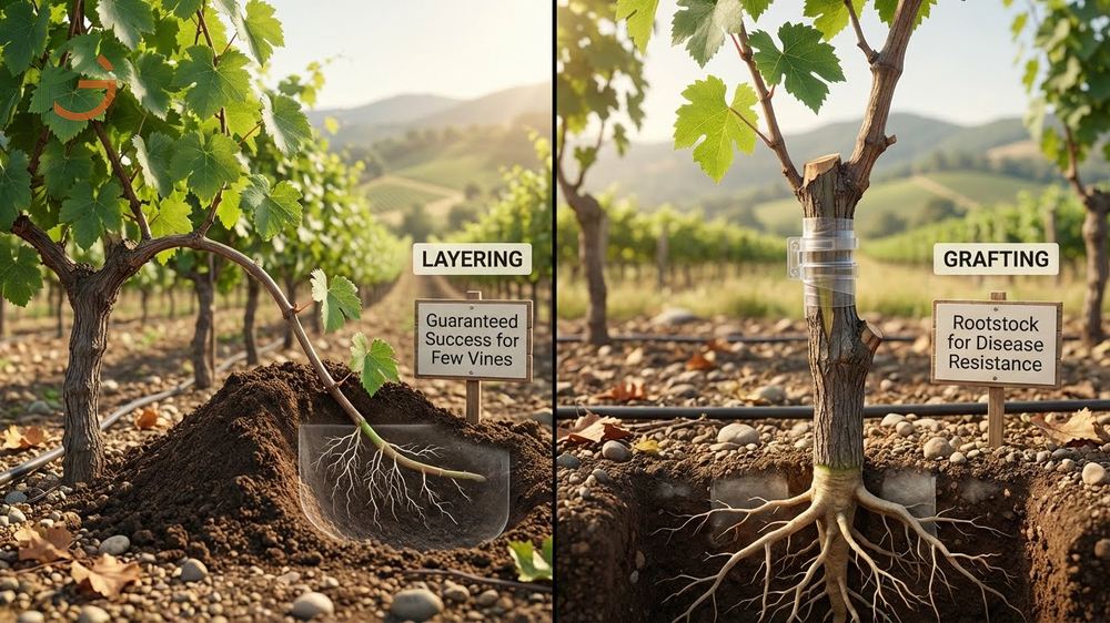 Alternative propagation methods demonstrating how to layer low-growing canes and graft scions onto resistant rootstocks.