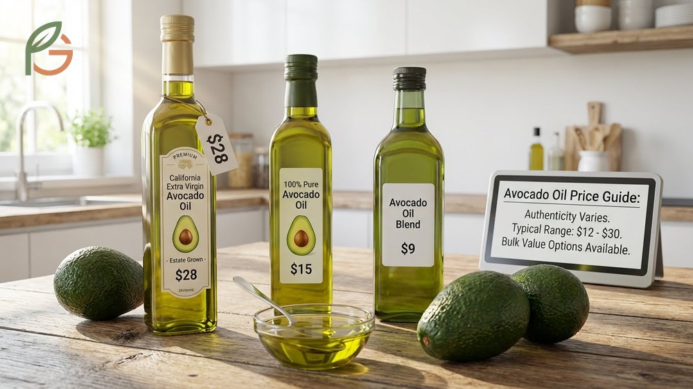 Avocado oil price guide comparing Costco bulk options at 0.41 dollars per ounce versus specialty retailer markups.