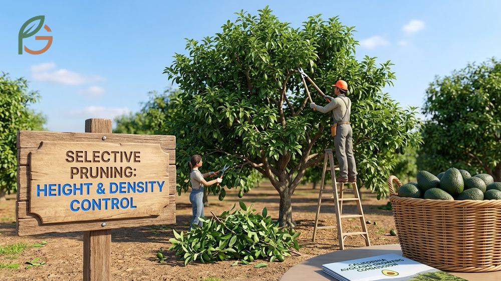 How to trim an avocado tree by removing selective limbs to improve canopy density and light access.