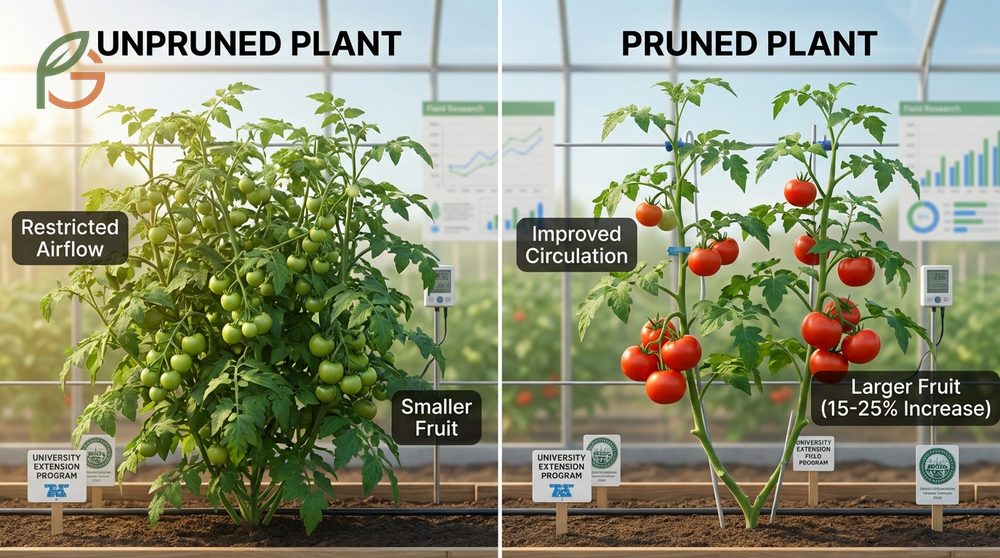 Benefits of sucker removal include larger fruit size and improved air circulation for disease prevention.