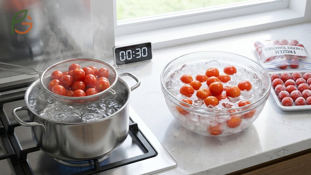 Blanching cherry tomatoes before freezing extends shelf life to ten months by stopping enzymes.