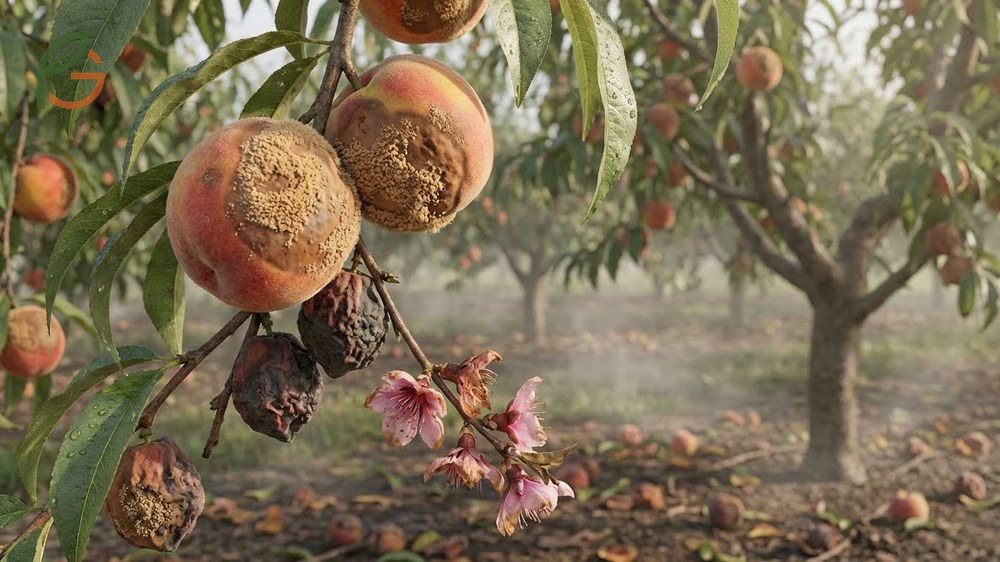 Brown rot on peaches manifests as blossom blight in spring and circular brown spots with spore masses on ripening fruit.