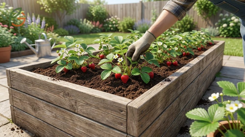 Building raised beds for strawberries requires constructing frames eight to twelve inches high using untreated cedar or redwood.