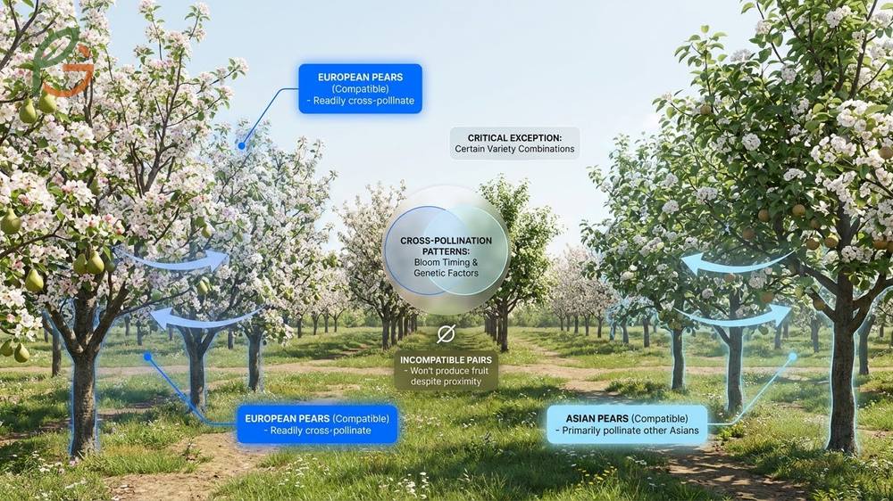 Cross pollinating pears using compatible European varieties like Bartlett with Anjou for reliable yields.