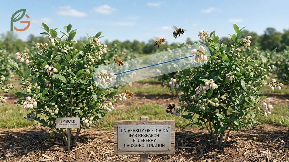 Garden layout chart showing compatible blueberry varieties with synchronized bloom times for maximum harvest.