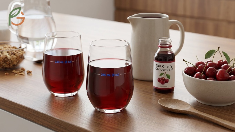 How much cherry juice per day recommendation suggesting 240 to 480mL daily for effective inflammation reduction.