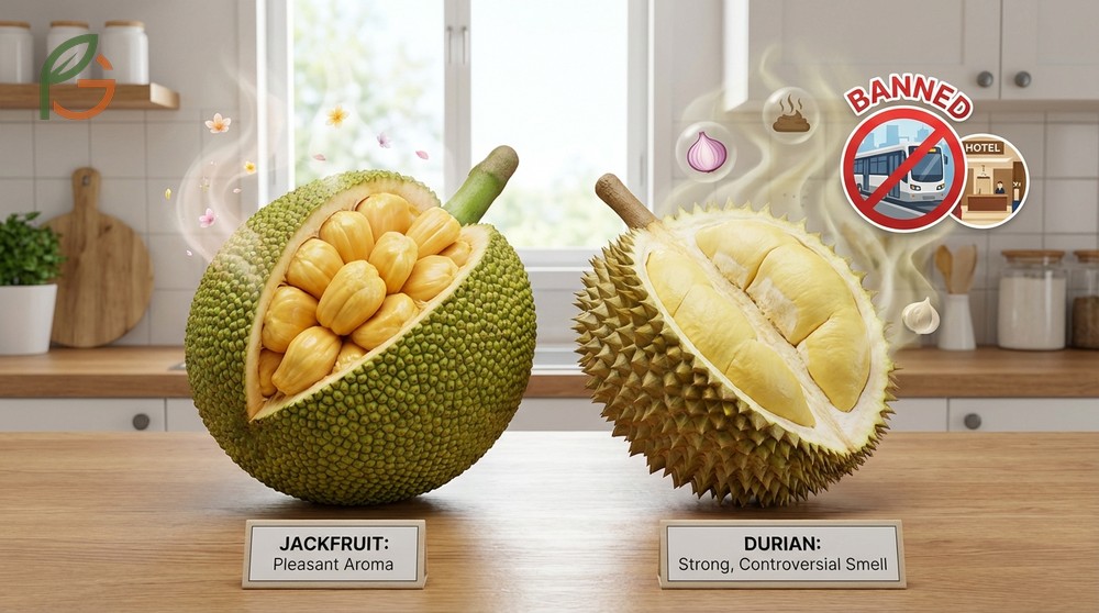 The difference between jackfruit and durian involves distinct smells and flavors where jackfruit is sweet and mild while durian is creamy and pungent with sharp spikes.