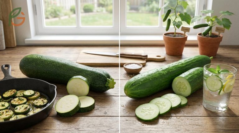 Difference between zucchini and cucumber involves botanical origins with zucchini preferring warmer soil temperatures of seventy-five degrees.