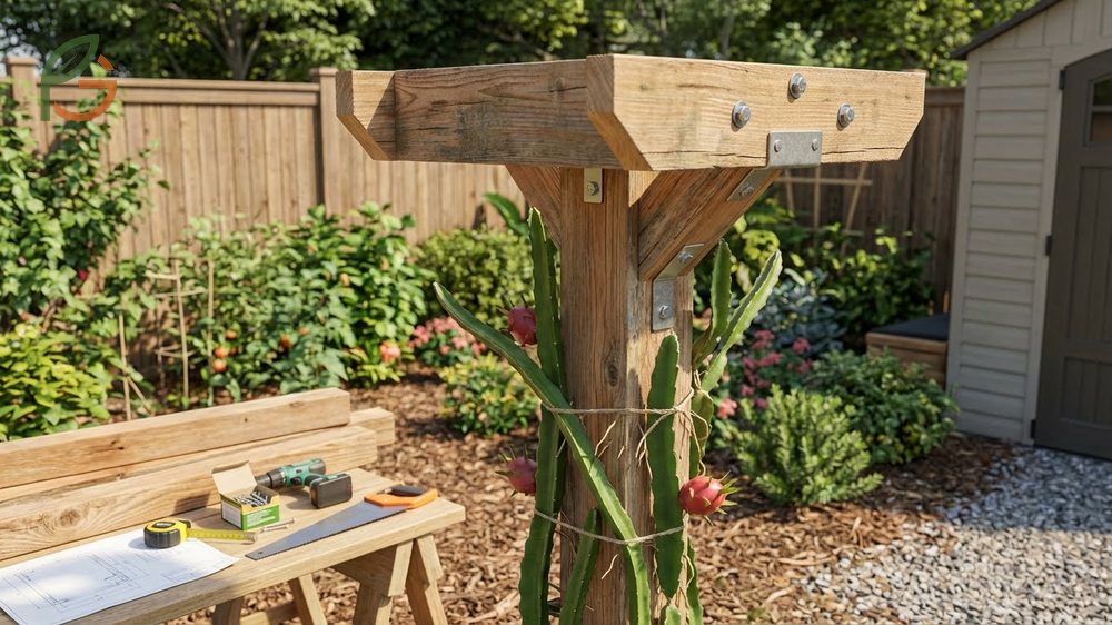 DIY trellis design for dragon fruit uses pressure-treated wood to create a durable frame costing 60% less than retail.