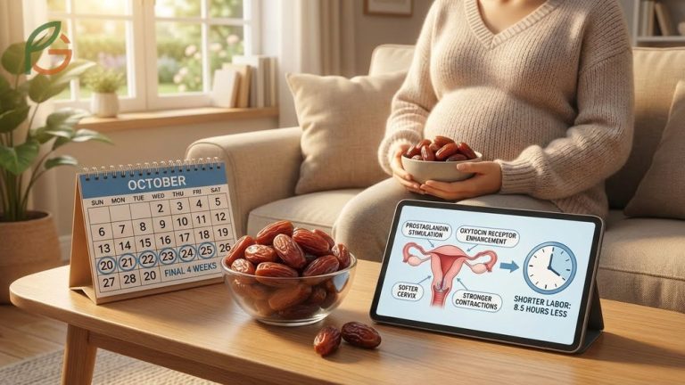 Eating dates during pregnancy helps shorten labor by 8.5 hours and supports natural delivery using oxytocin receptor sensitivity.