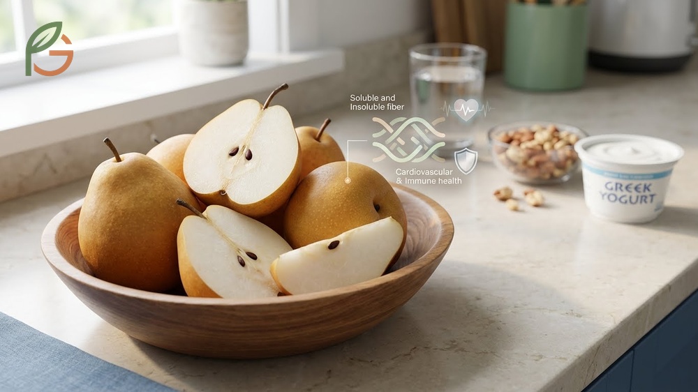 Asian pear health benefits supporting heart health and immune system function.