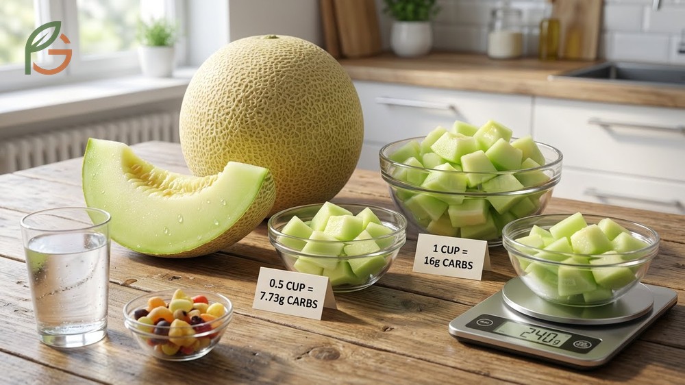 Honeydew carb content breakdown revealing 16g total carbohydrates per full cup serving.