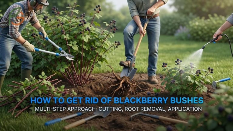 dense blackberry bushes growing aggressively in a backyard garden before removal, showing thorny branches, green leaves, and thick bramble growth spreading across the ground