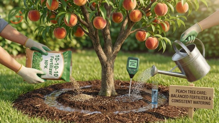 How to take care of a peach tree by applying balanced fertilizer twice a year and ensuring consistent weekly watering.