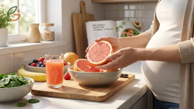 Half a medium grapefruit provides 100% of daily vitamin C needs and essential folate for fetal development.