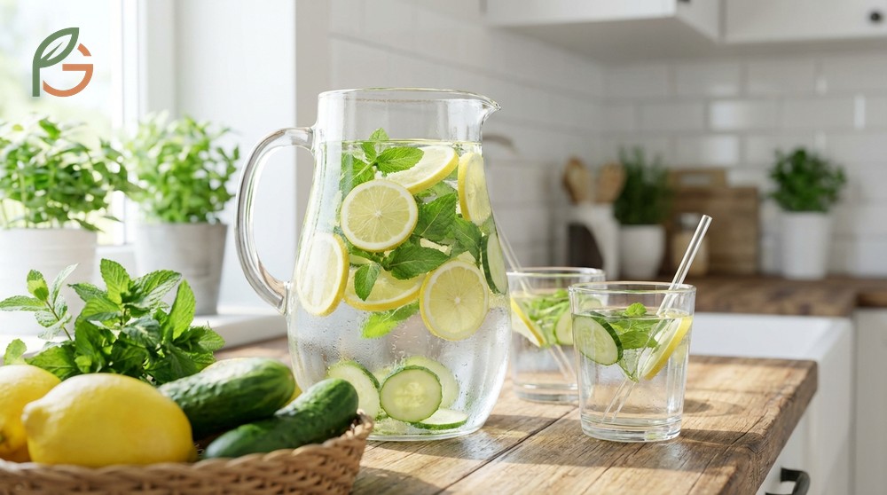 Lemon mint cucumber water preparation involves steeping sliced ingredients in cold water for 2 to 4 hours for optimal flavor.