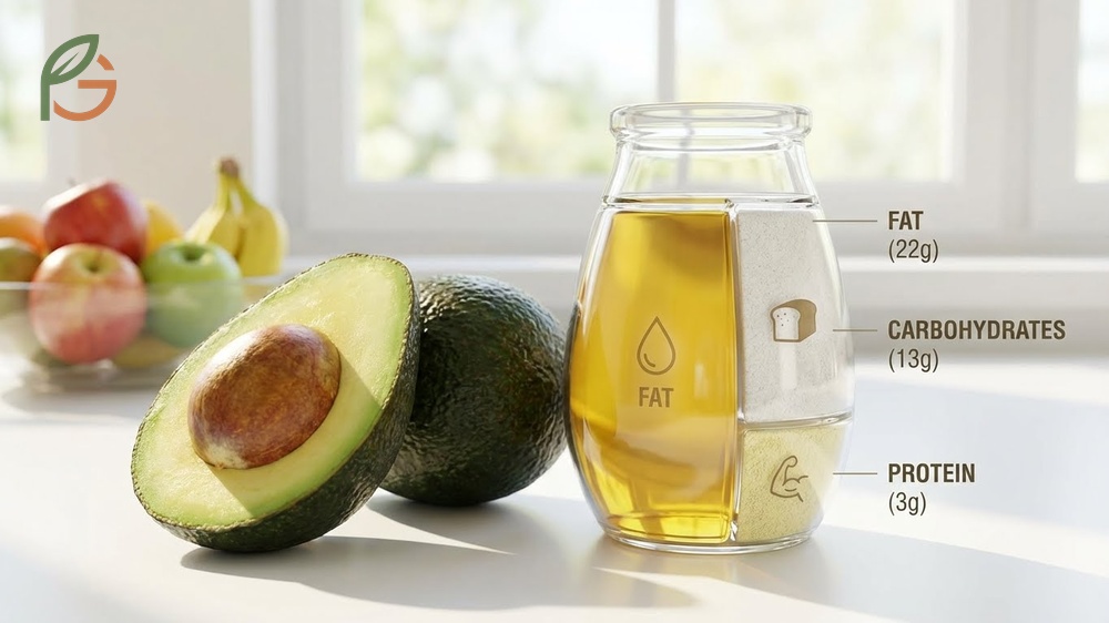 Macronutrients in avocado breakdown including 240 calories, healthy fats, and 10g fiber for balanced nutrition.