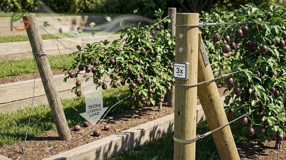 Passion fruit trellis ideas require 10 gauge galvanized steel wire to handle heavy vine loads and wind stress.