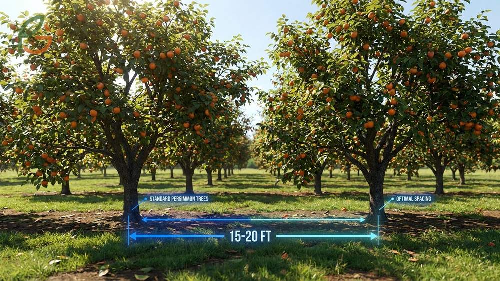 An orchard layout showing persimmon tree spacing of 15 to 20 feet apart for healthy growth.