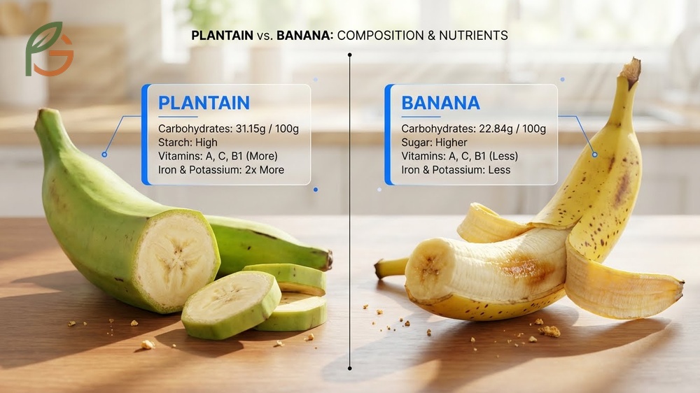 Plantain banana difference highlights 31g carbohydrates in plantains and high resistant starch content versus sugar.