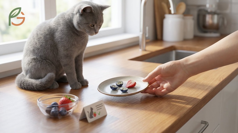 Fruits safe for cats list including strawberries and blueberries prepared in small amounts.