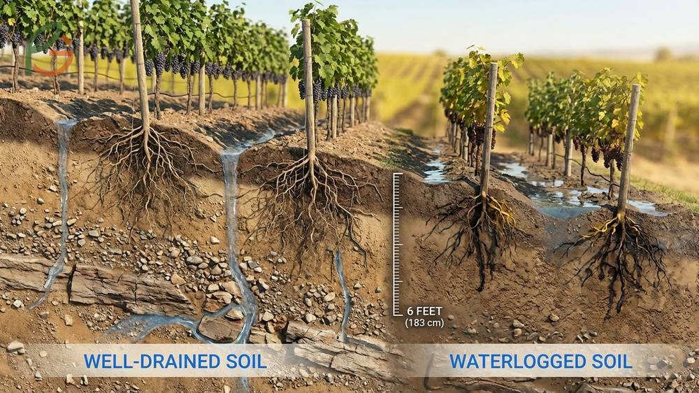 Where do grapes grow regarding soil requiring well drained sandy loam with a pH between 5.5 and 6.5 for healthy root systems.